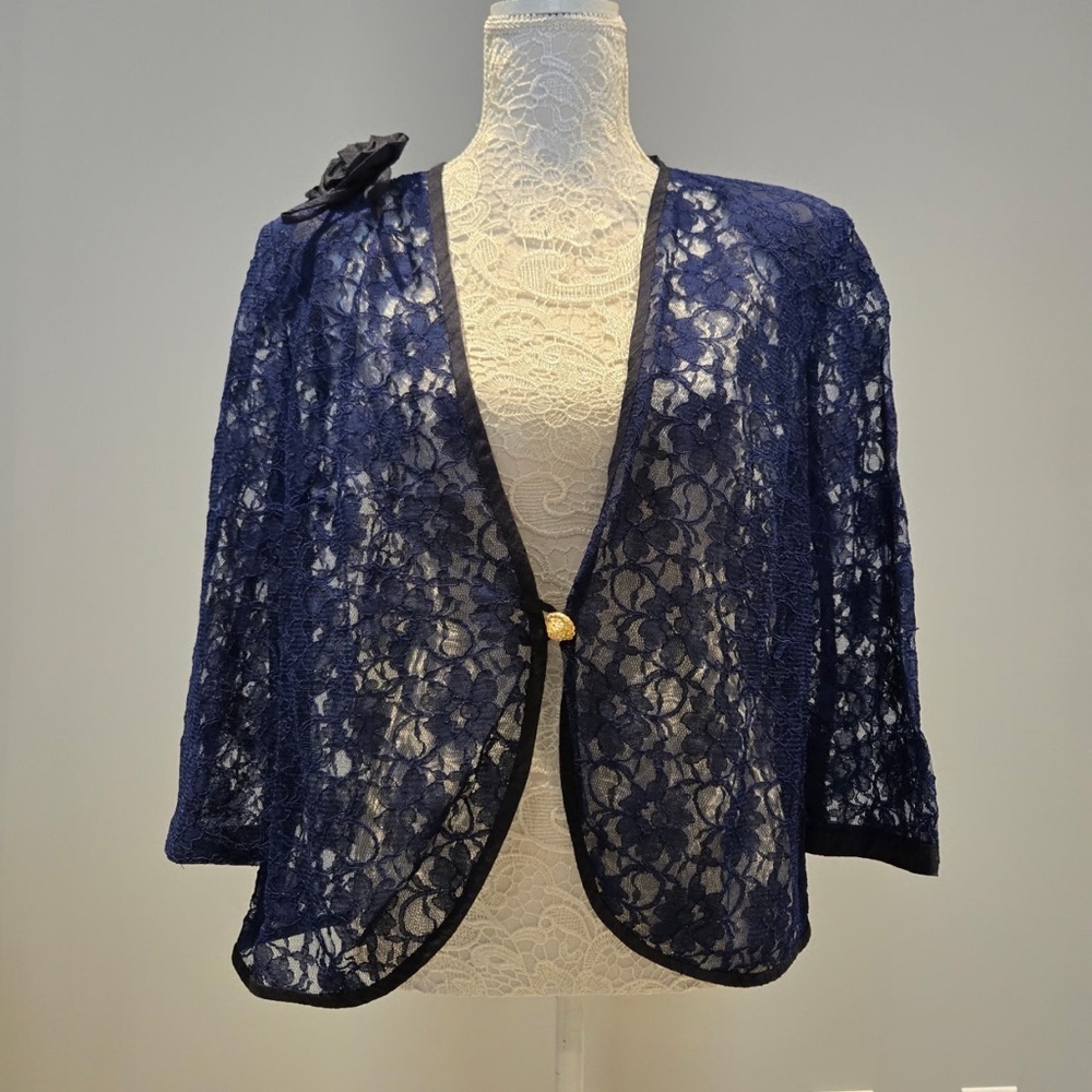 Navy Blue Lace Blazed and Matching Top with Flower Accent - Picture 1 of 8